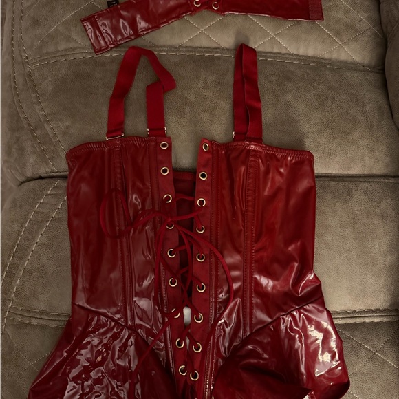 Red Lace-Up Corset with Matching Choker - Picture 2 of 3